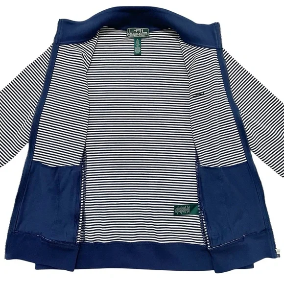 Lauren Active by Ralph Lauren L-RL Navy Blue & White Striped Zip-Up Track Jacket - Picture 7 of 16